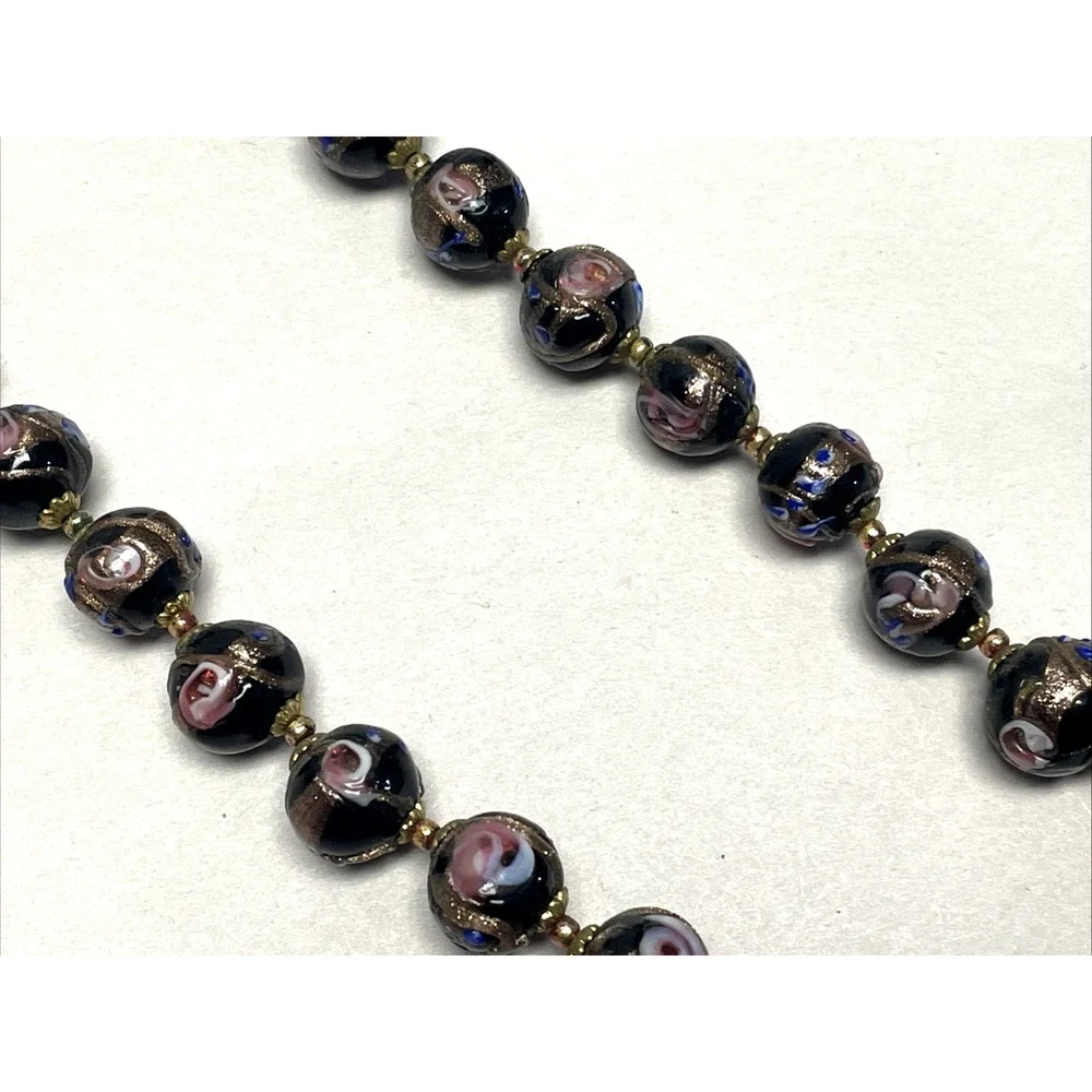 Vintage Venetian Wedding Cake Glass Bead Necklace Black Pink Blue Gold 22 inch